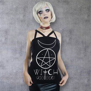 Rat Baby Pentagram and Moons Witch Moon Phases Black Strappy Tank Top - Small
